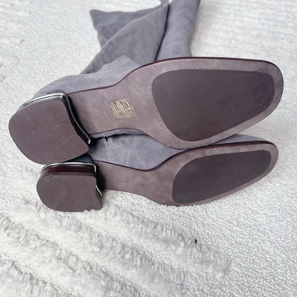 Tory Burch MULTI LOGO STRETCH Over The Knee Boots OTK Gray Suede Low Heel US 7.5